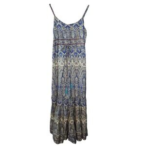 White Waves‎ Blue Paisley Silk Blend Maxi Dress Boho Tiered Tassel Small NEW